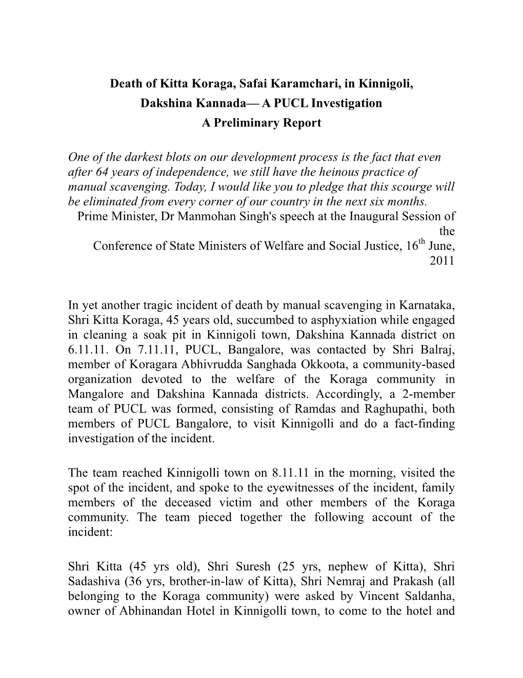 Death of Kitta Koraga, Safai Karamchari, in Kinnigoli, Dakshina Kannada— a PUCL Investigation a Preliminary Report
