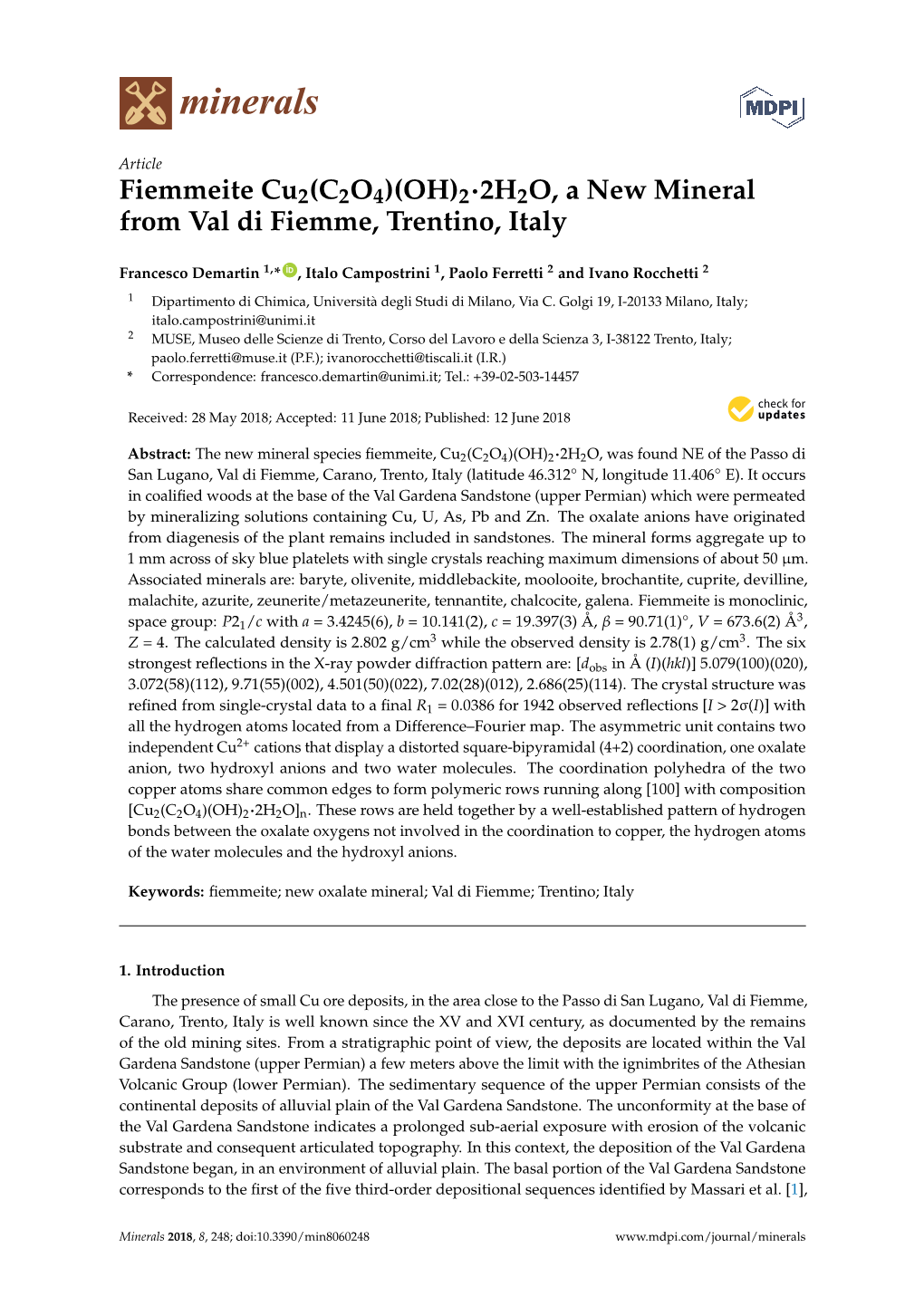 Fiemmeite Cu2 (C2O4)(OH) 2∙ 2H2O, a New Mineral from Val Di Fiemme