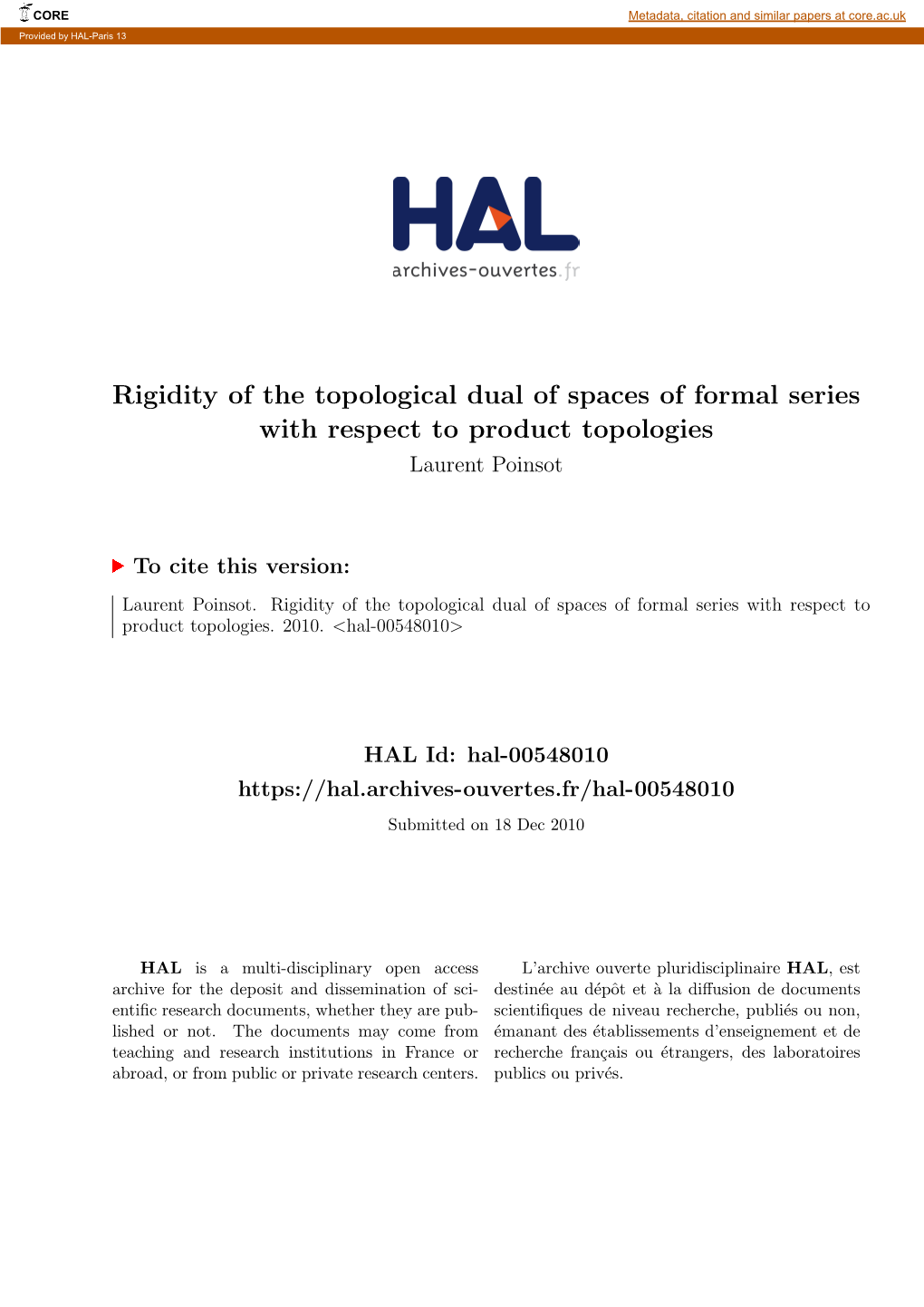 Rigidity of the Topological Dual of Spaces of Formal Series with Respect to Product Topologies Laurent Poinsot