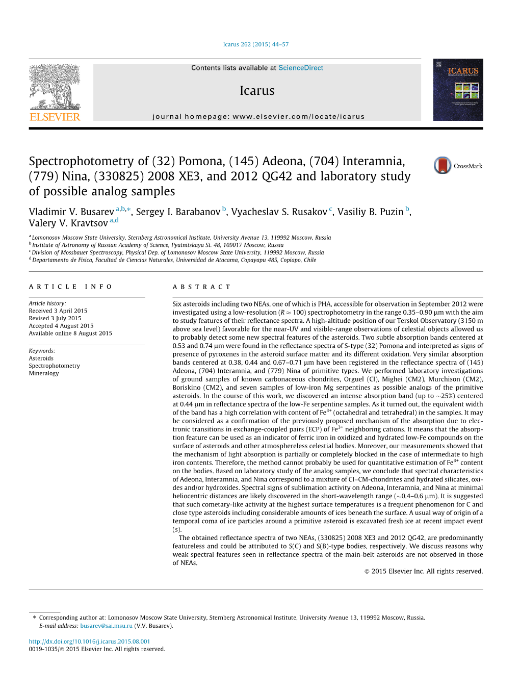 (704) Interamnia, (779) Nina, (330825) 2008 XE3, and 2012 QG42 and Laboratory Study of Possible Analog Samples ⇑ Vladimir V