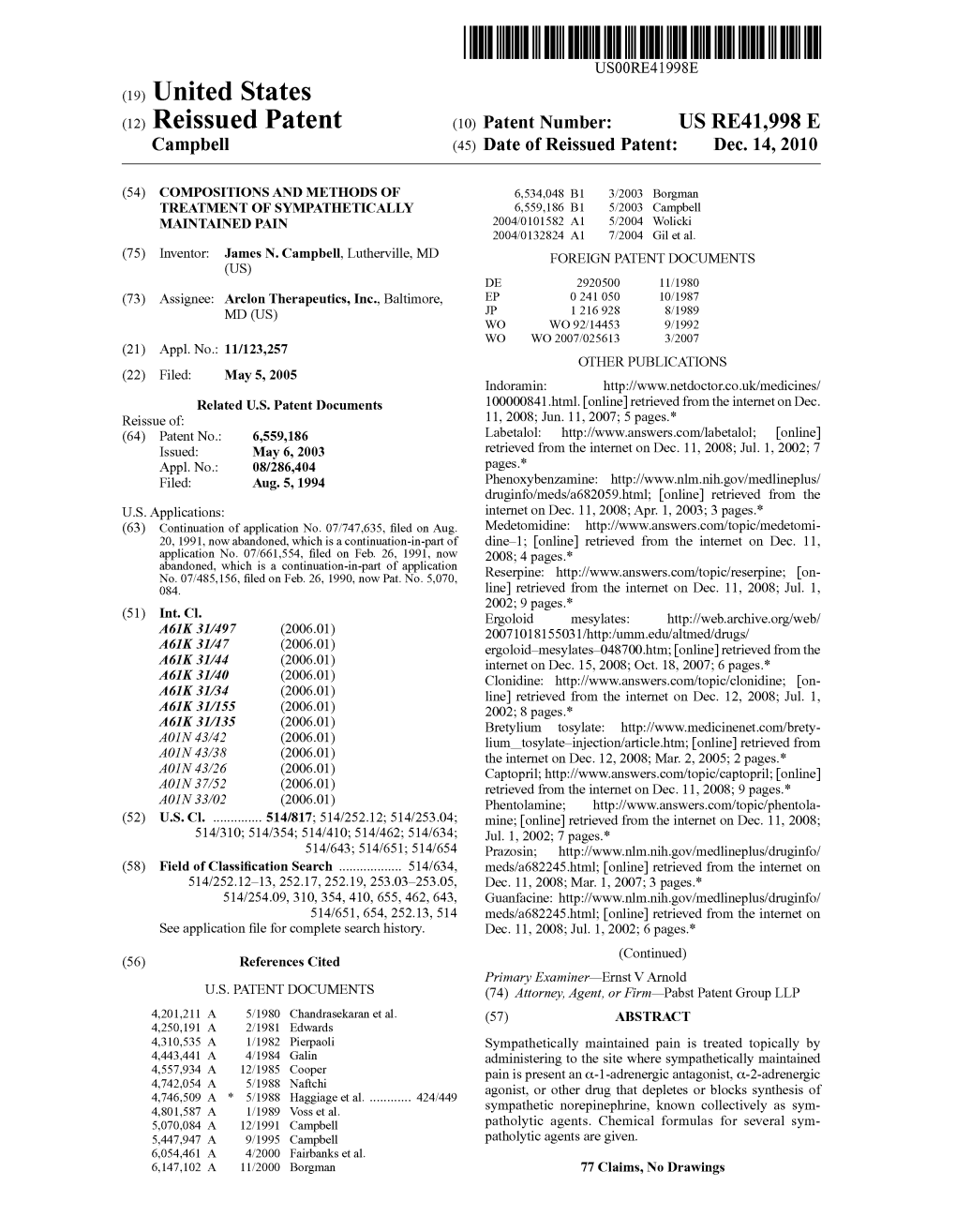 (19) United States (12) Reissued Patent (10) Patent Number: US RE41,998 E Campbell (45) Date of Reissued Patent: Dec