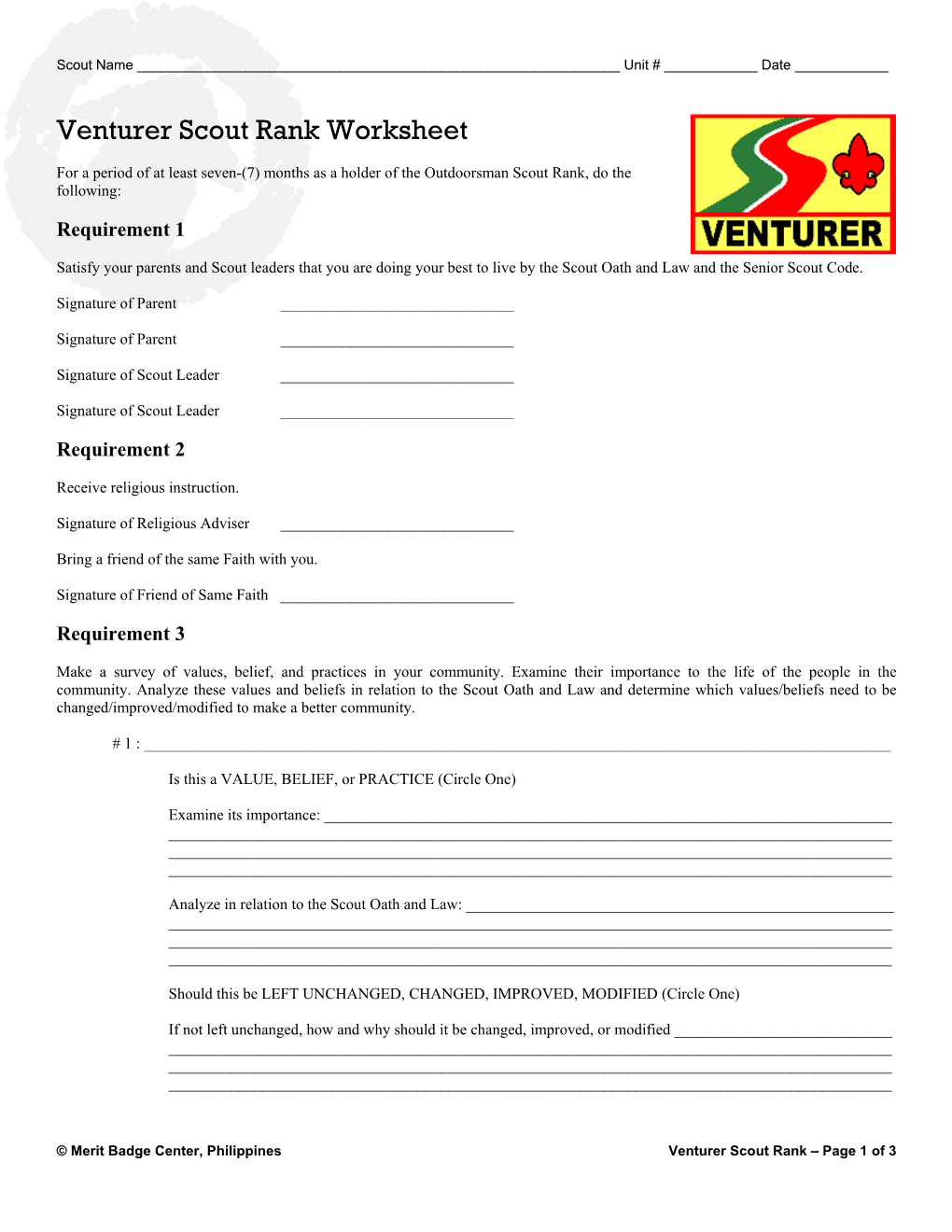 Venturer Scout Rank Worksheet