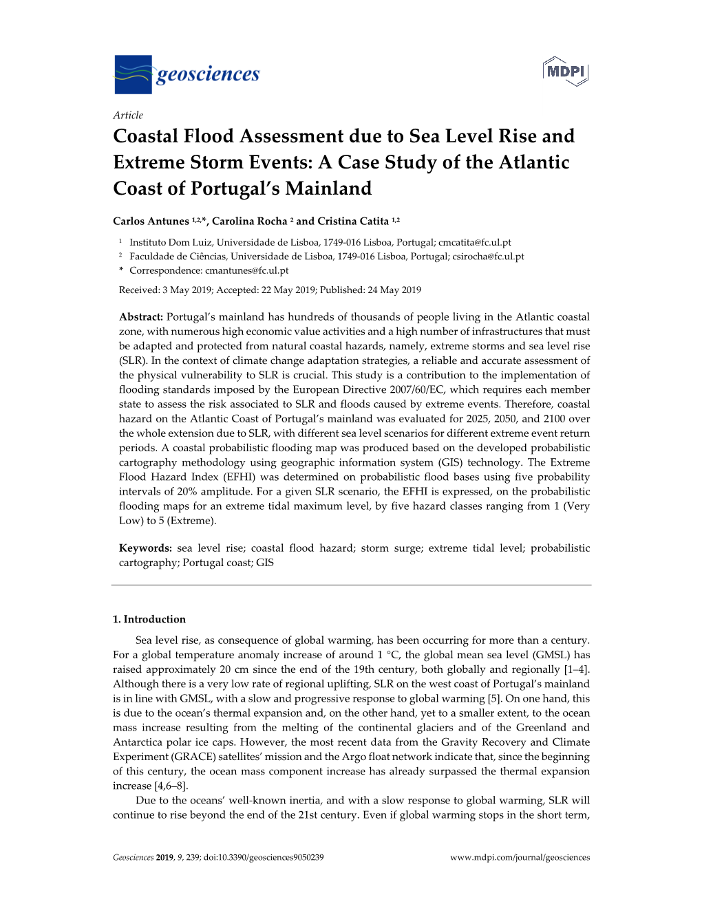 Coastal Flood Assessment Due to Sea Level Rise and Extreme Storm Events: a Case Study of the Atlantic Coast of Portugal’S Mainland