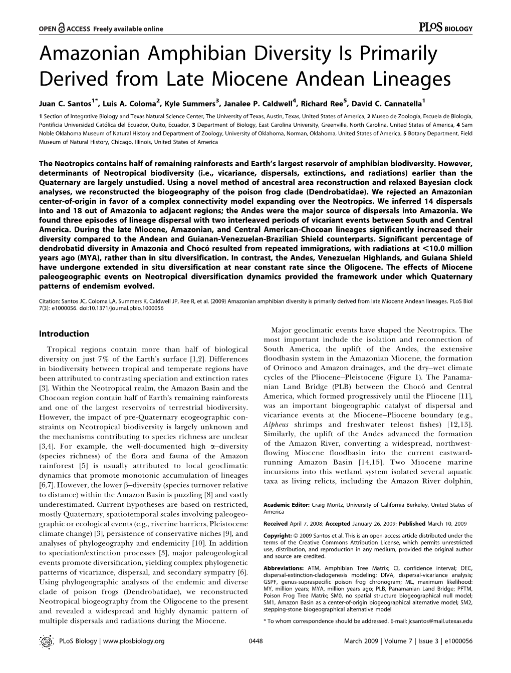 Amazonian Amphibian Diversity Is Primarily Derived from Late Miocene Andean Lineages