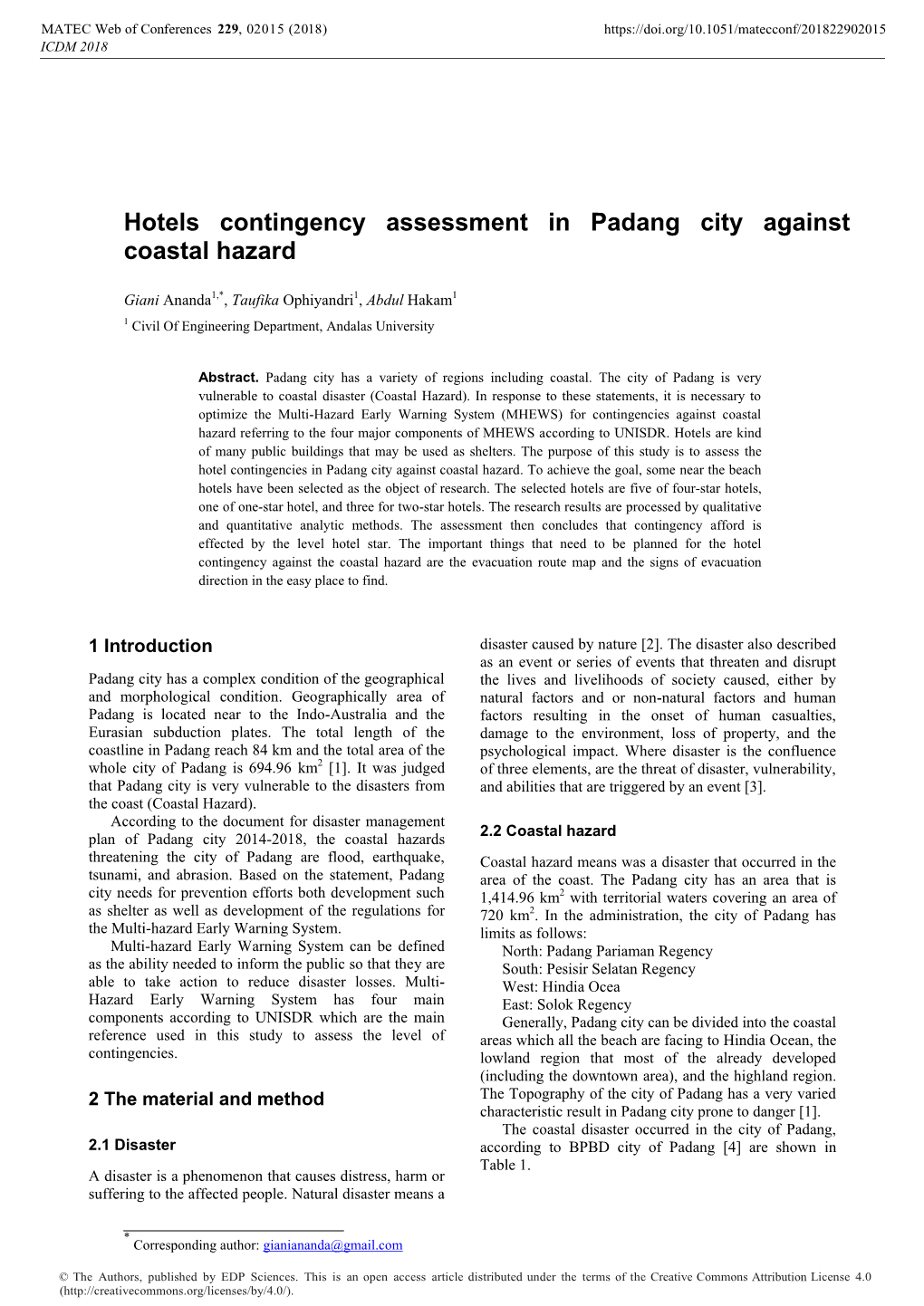 Hotels Contingency Assessment in Padang City Against Coastal Hazard