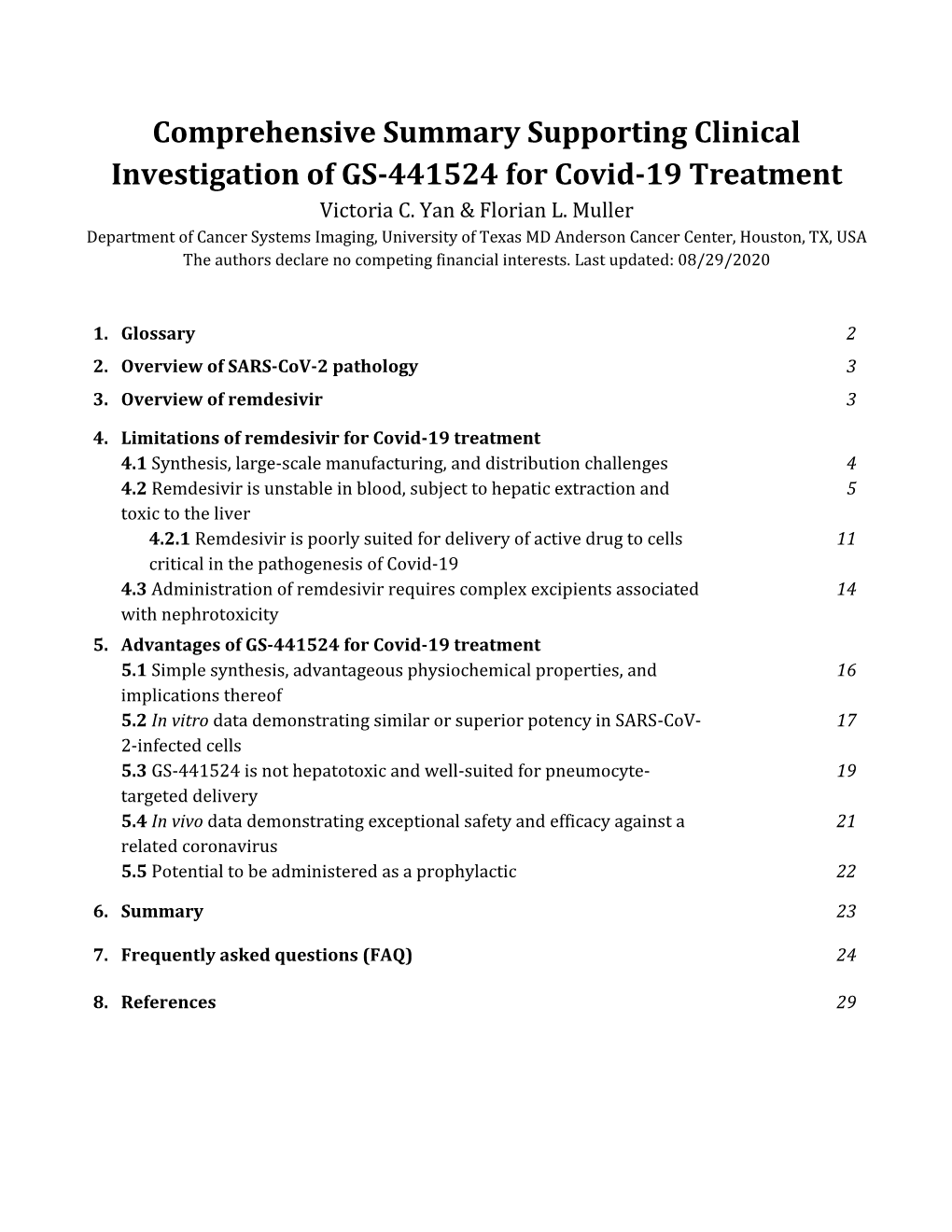 Comprehensive Summary Supporting Clinical Investigation of GS-441524 for Covid-19 Treatment Victoria C
