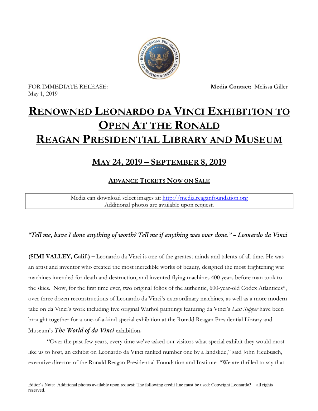 Renowned Leonardo Da Vinci Exhibition to Open at the Ronald Reagan Presidential Library and Museum
