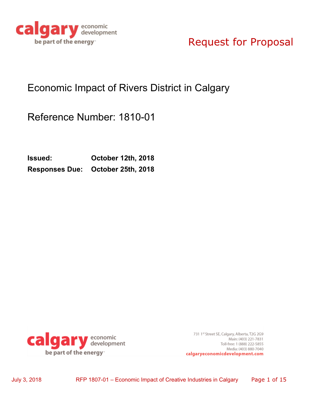 Request for Proposal Economic Impact of Rivers District in Calgary