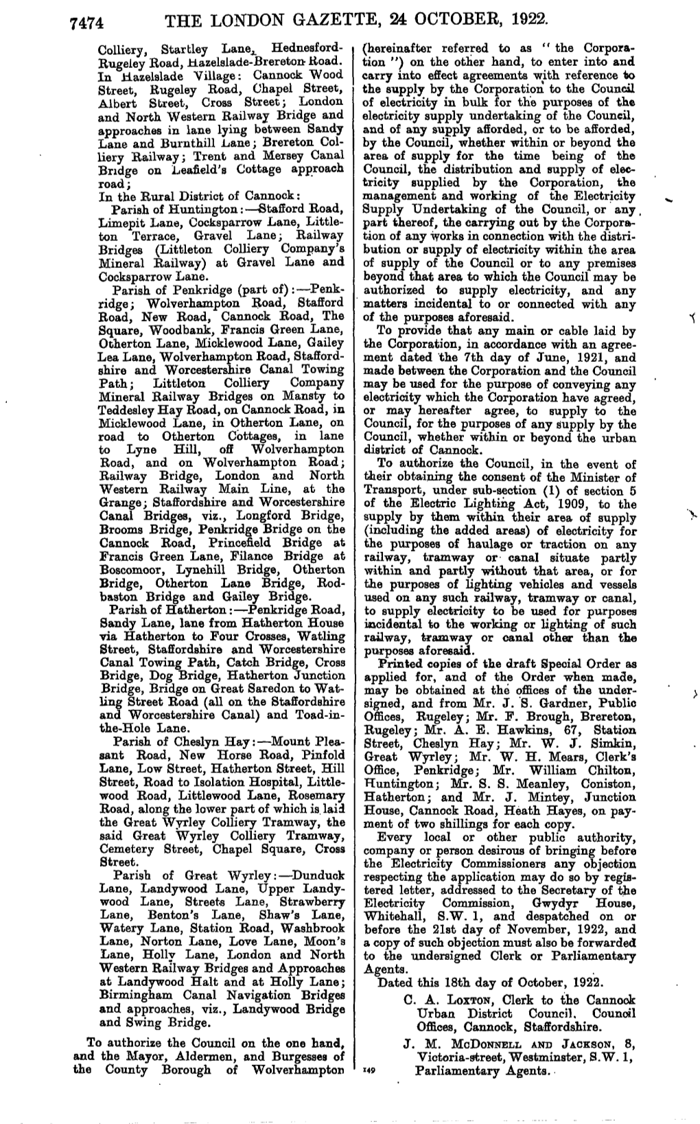 The London Gazette, 24 October, 1922