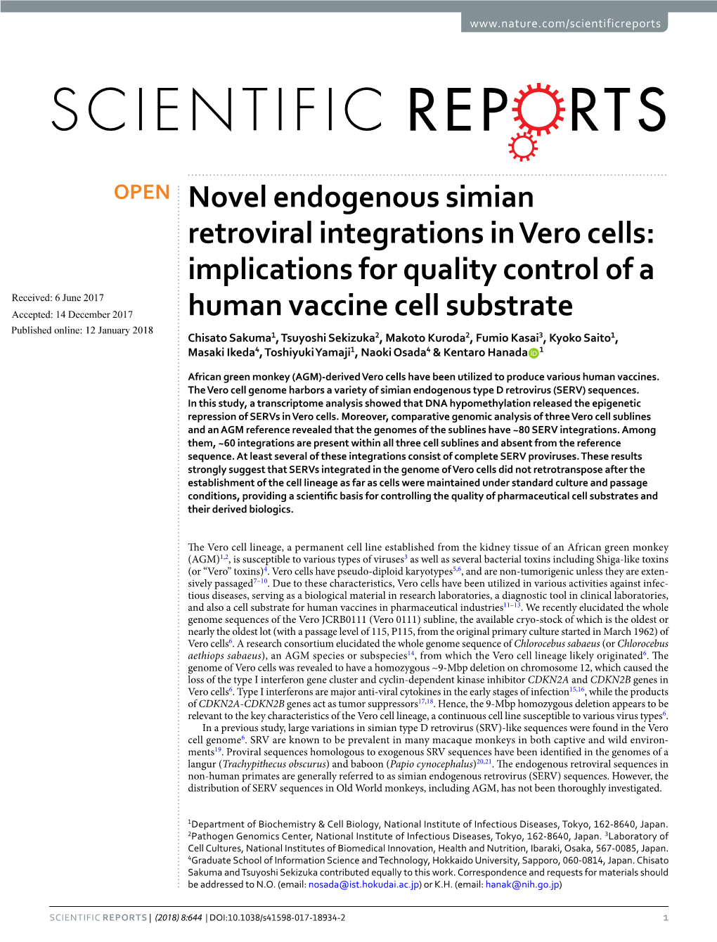 Novel Endogenous Simian Retroviral Integrations in Vero Cells