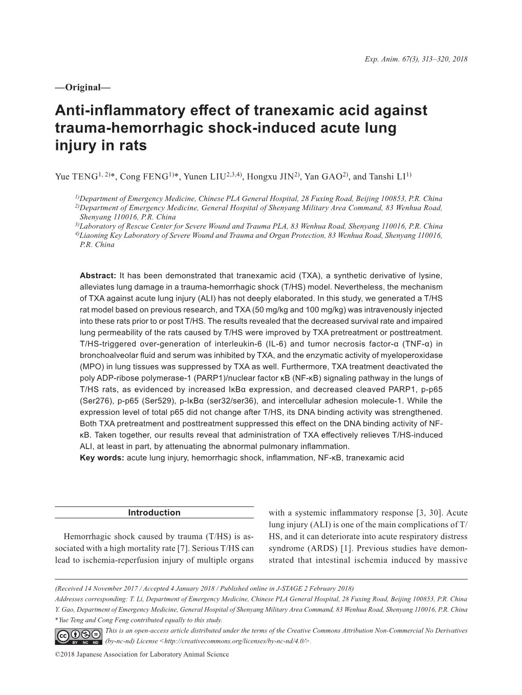 Anti-Inflammatory Effect of Tranexamic Acid Against Trauma-Hemorrhagic Shock-Induced Acute Lung Injury in Rats