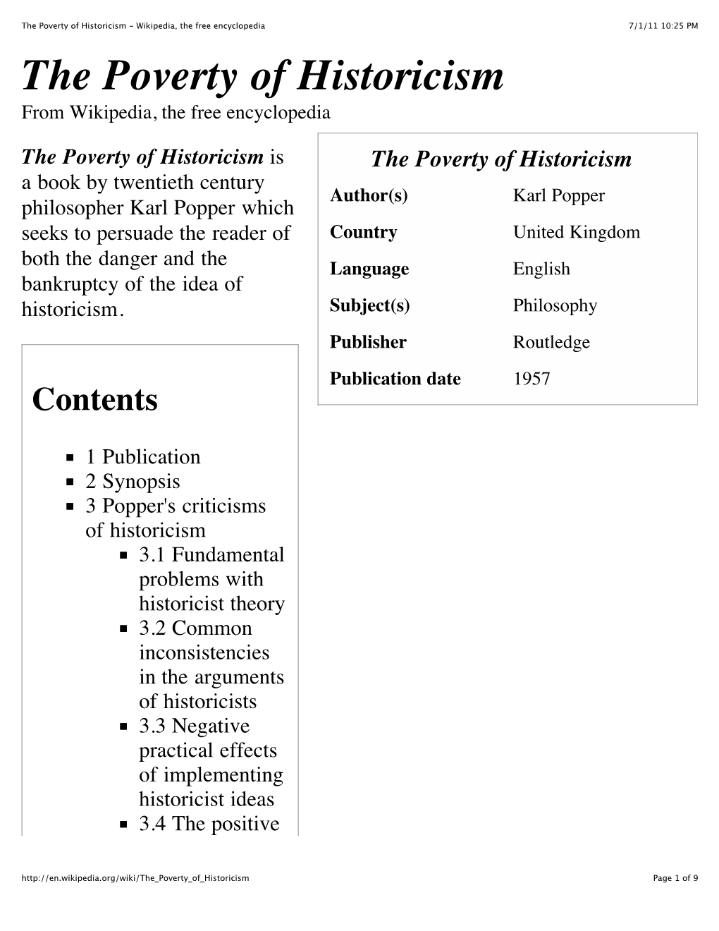 The Poverty of Historicism - Wikipedia, the Free Encyclopedia 7/1/11 10:25 PM the Poverty of Historicism from Wikipedia, the Free Encyclopedia