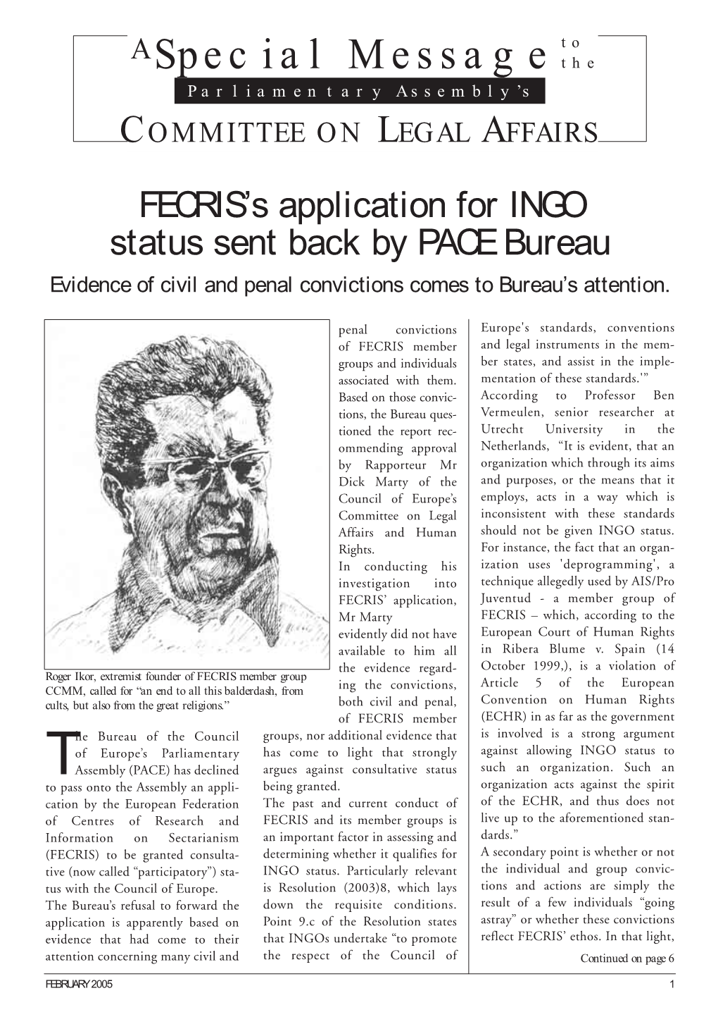 FECRIS’S Application for INGO Status Sent Back by PACE Bureau Evidence of Civil and Penal Convictions Comes to Bureau’S Attention