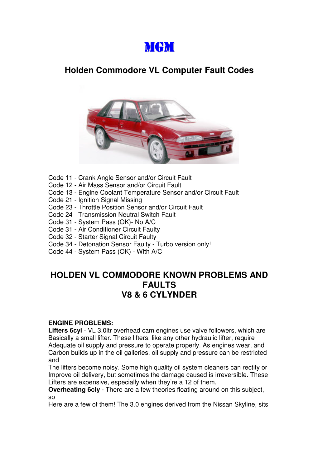 Holden Commodore VL Computer Fault Codes