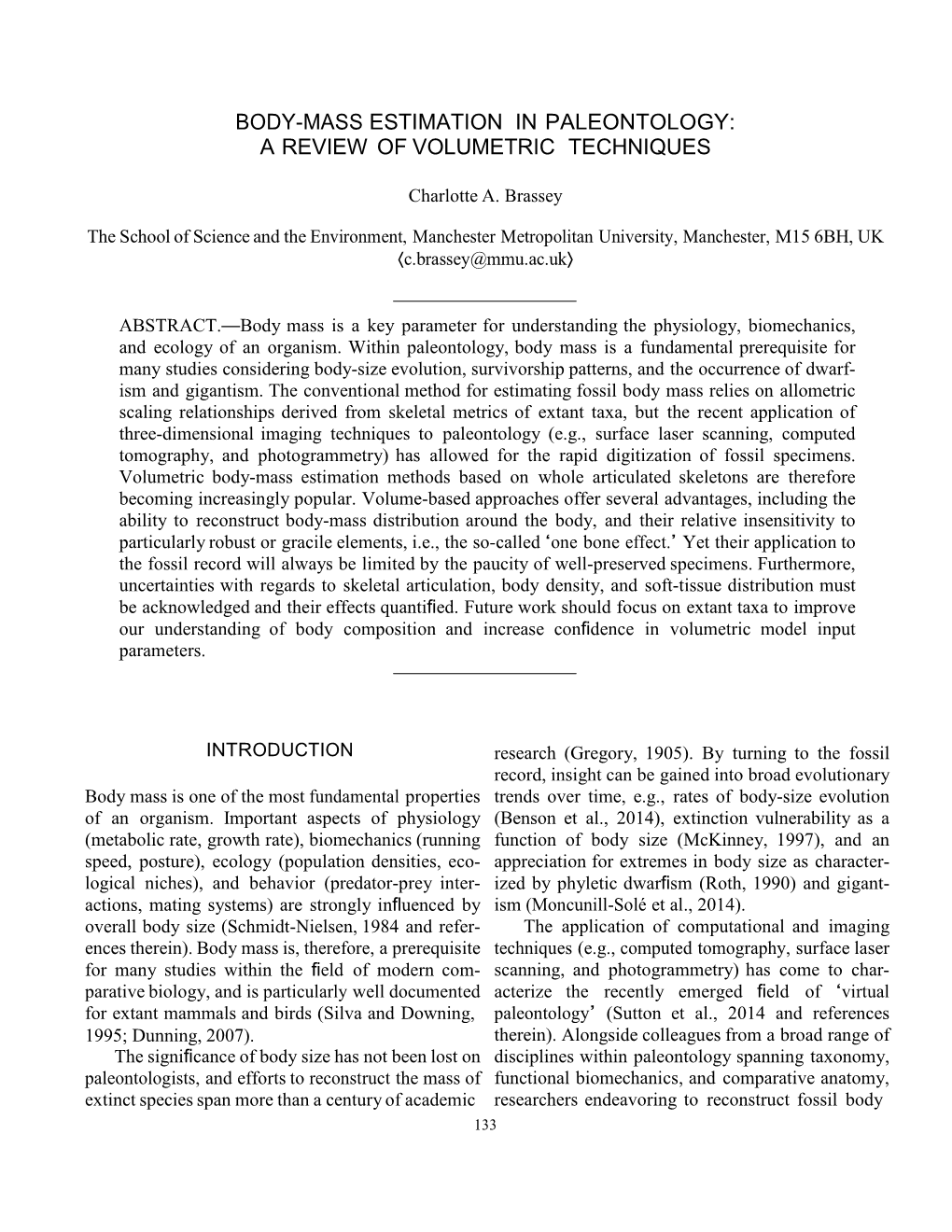 Body-Mass Estimation in Paleontology: a Review of Volumetric Techniques