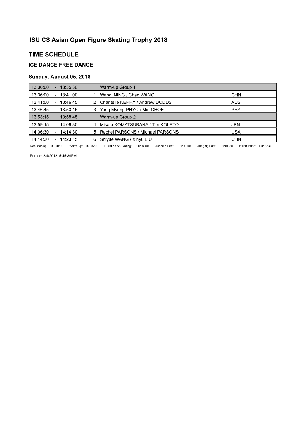 ISU CS Asian Open Figure Skating Trophy 2018 TIME SCHEDULE