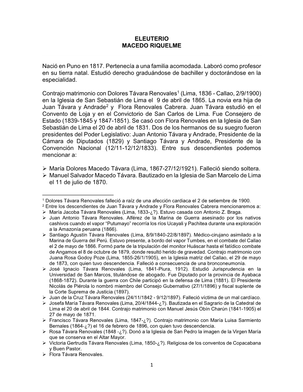 ELEUTERIO MACEDO RIQUELME Nació En Puno En 1817