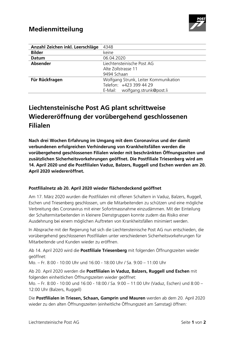 Medienmitteilung Liechtensteinische Post AG Plant Schrittweise
