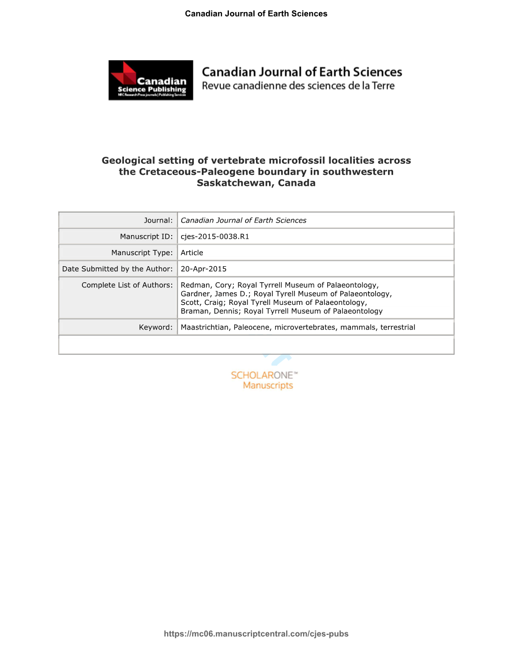 Geological Setting of Vertebrate Microfossil Localities Across the Cretaceous-Paleogene Boundary in Southwestern Saskatchewan, Canada