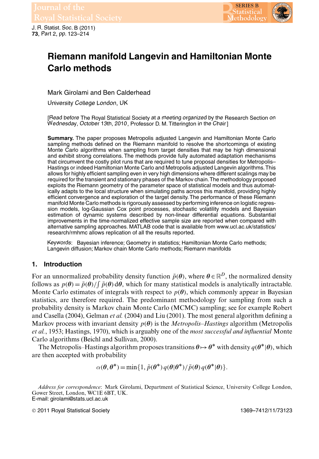 Riemann Manifold Langevin and Hamiltonian Monte Carlo Methods