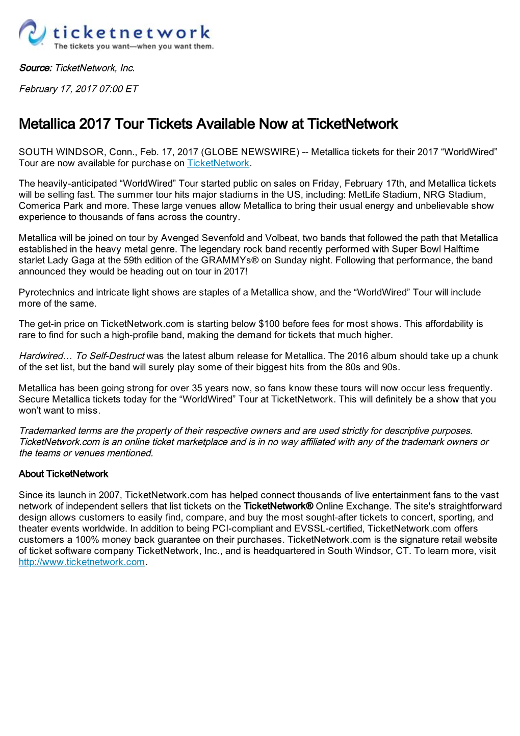 Metallica 2017 Tour Tickets Available Now at Ticketnetwork