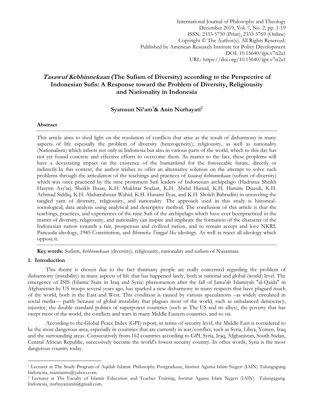 The Sufism of Diversity) According to the Perspective of Indonesian Sufis: a Response Toward the Problem of Diversity, Religiousity and Nationality in Indonesia