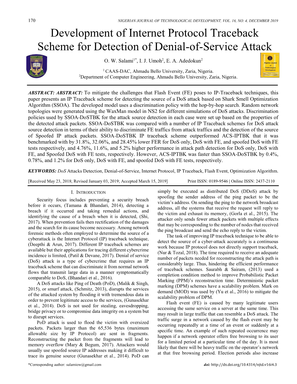 Development of Internet Protocol Traceback Scheme for Detection of Denial-Of-Service Attack