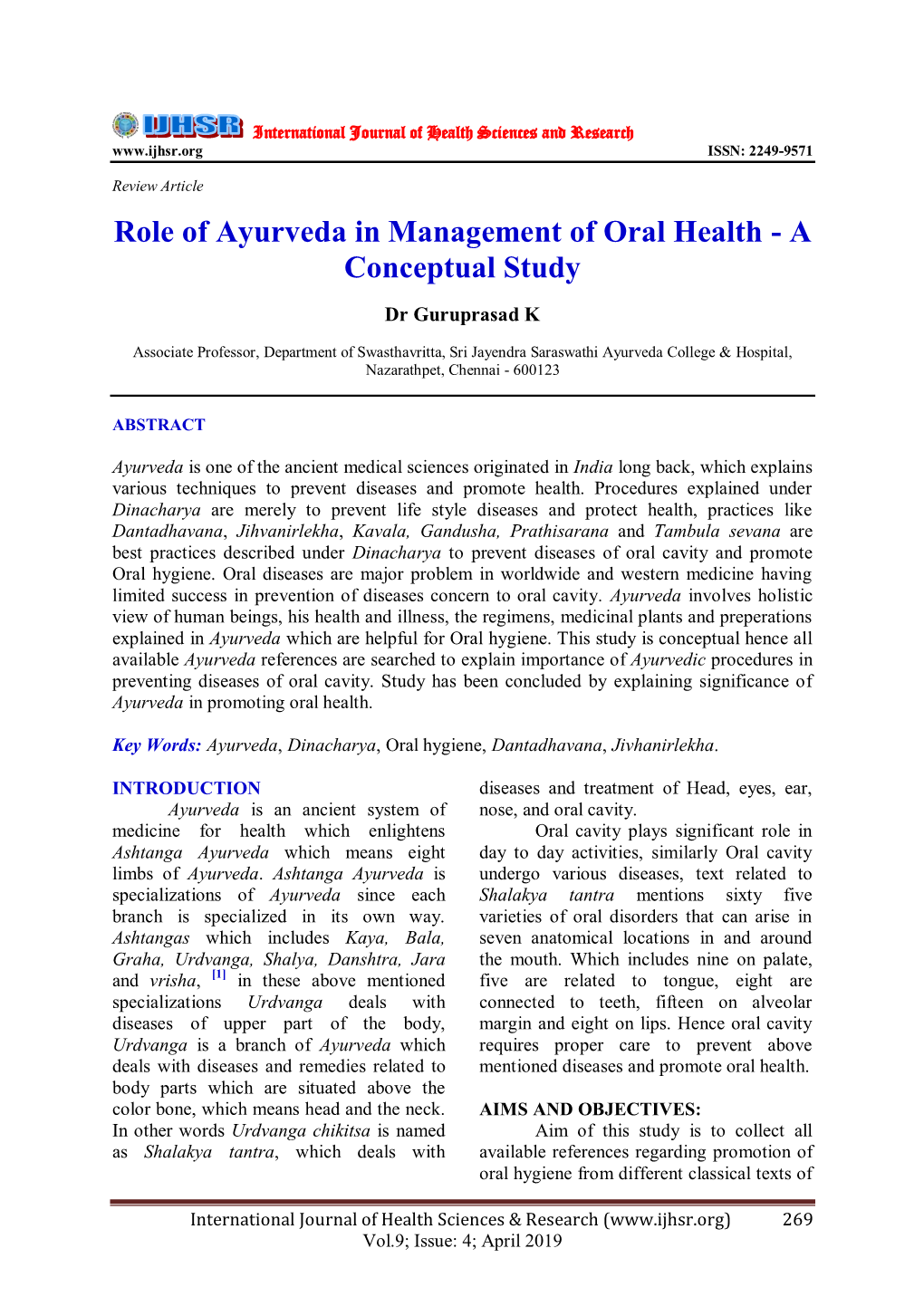 Role of Ayurveda in Management of Oral Health - a Conceptual Study