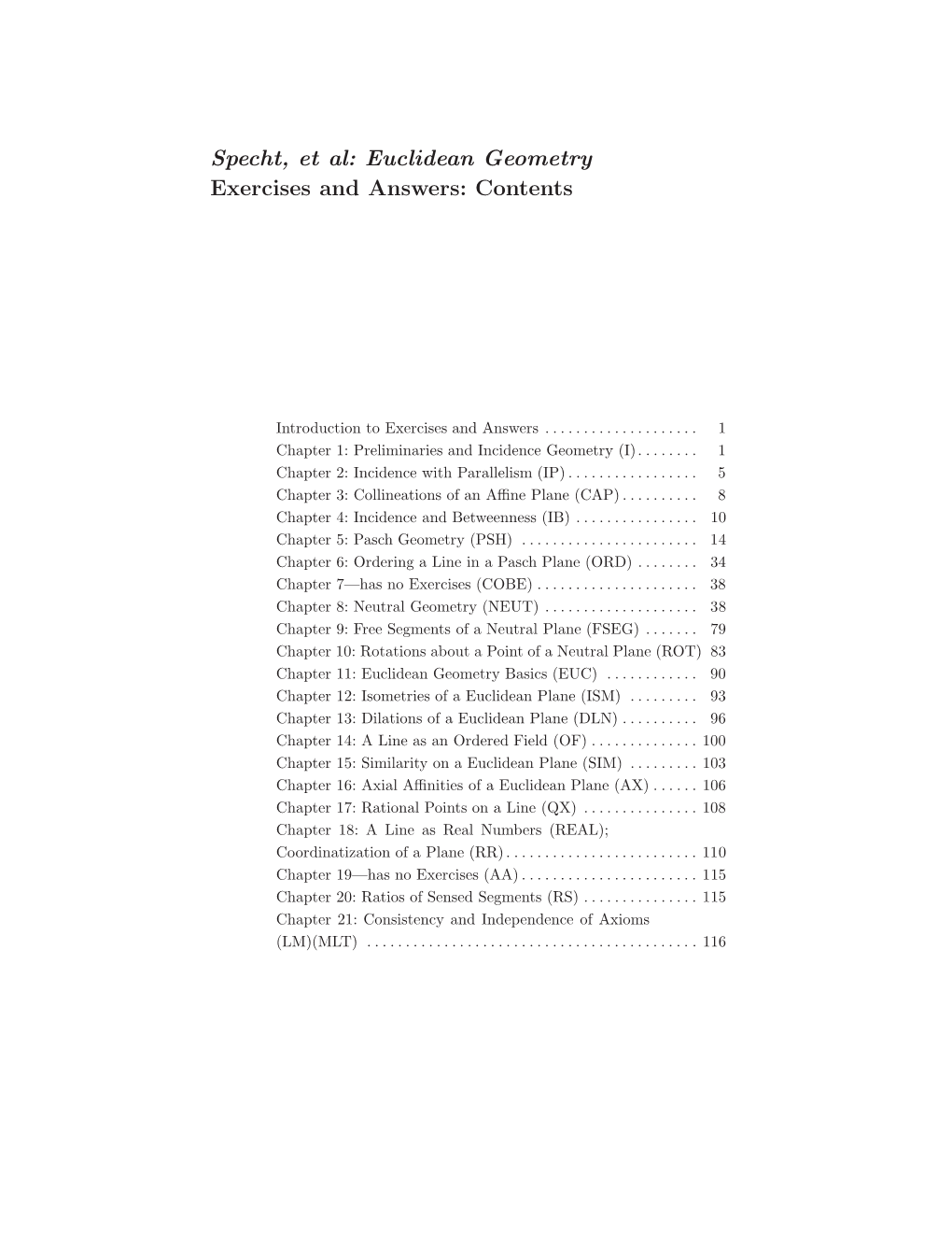 Specht, Et Al: Euclidean Geometry Exercises and Answers: Contents