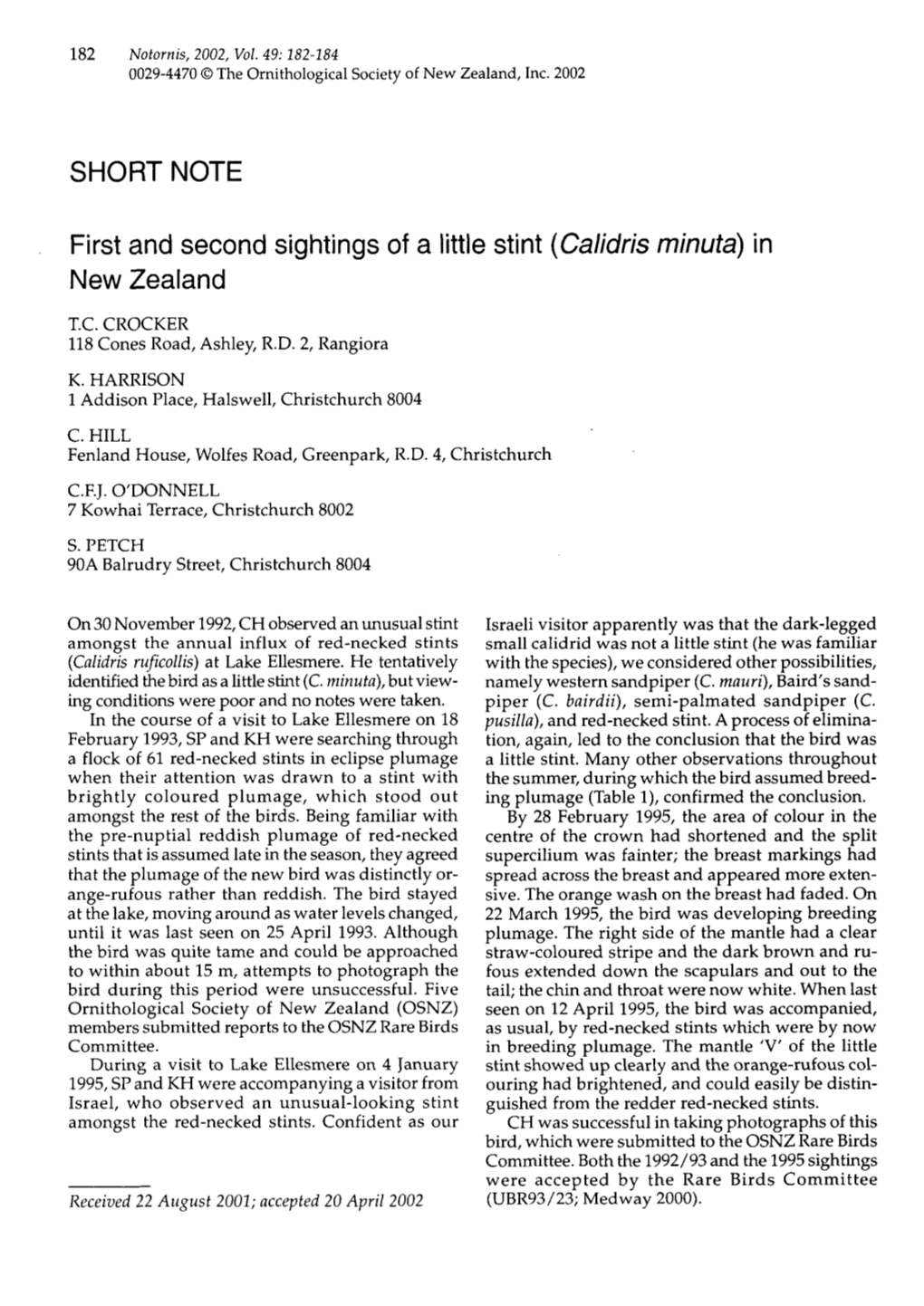 First and Second Sightings of a Little Stint (Calidris Minuta) in New Zealand