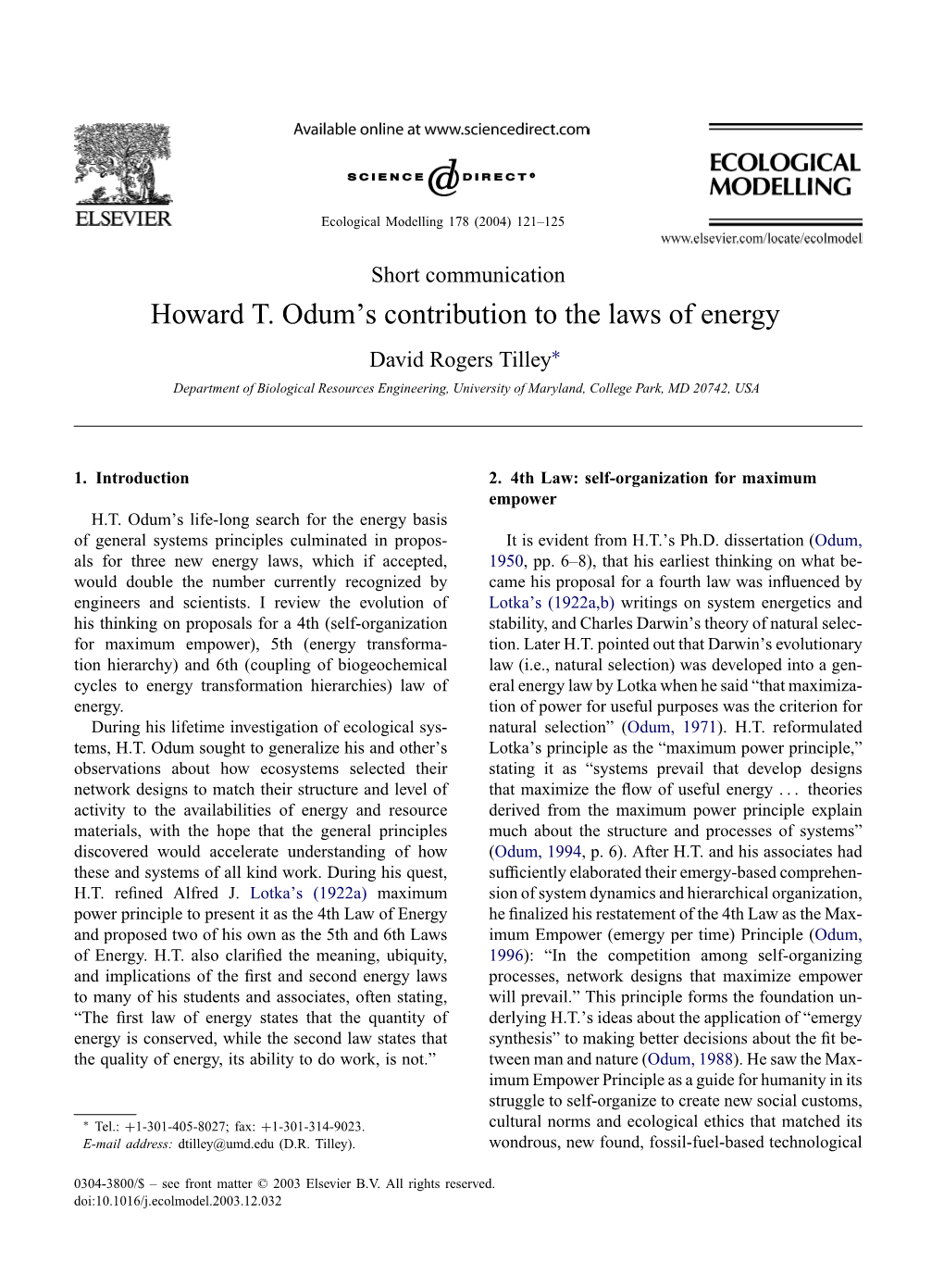 Howard T. Odum's Contribution to the Laws of Energy