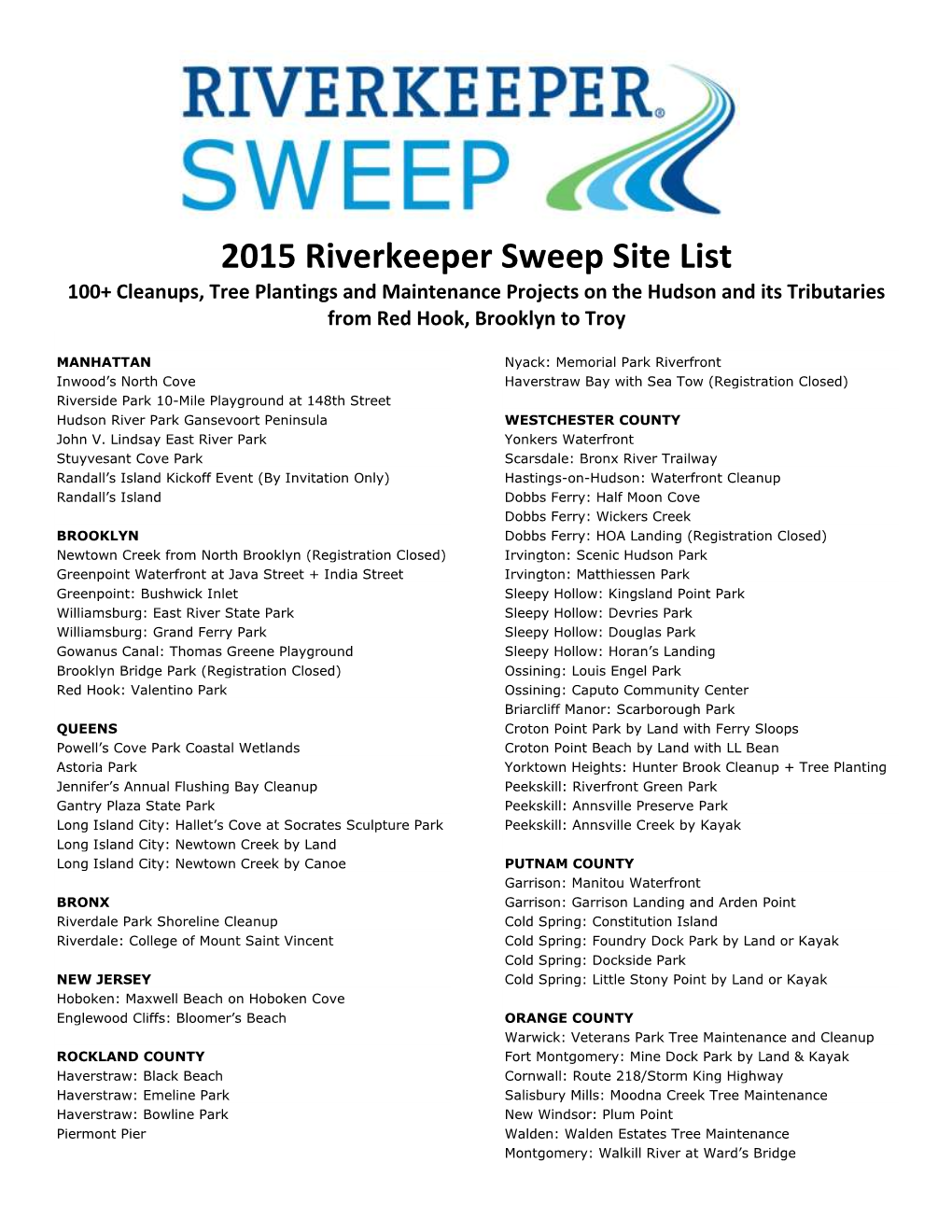 2015 Riverkeeper Sweep Site List 100+ Cleanups, Tree Plantings and Maintenance Projects on the Hudson and Its Tributaries from Red Hook, Brooklyn to Troy