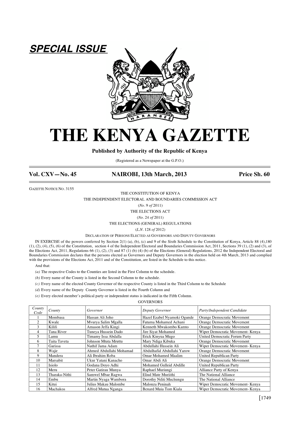 THE KENYA GAZETTE Published by Authority of the Republic of Kenya