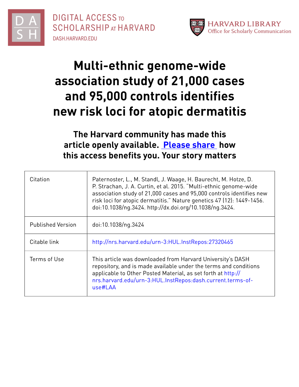 Multi-Ethnic Genome-Wide Association Study of 21,000 Cases and 95,000 Controls Identifies New Risk Loci for Atopic Dermatitis