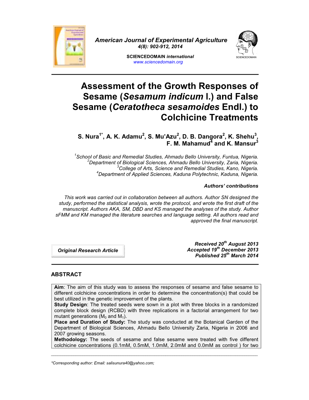 And False Sesame ( Ceratotheca Sesamoides Endl.) to Colchicine Treatments