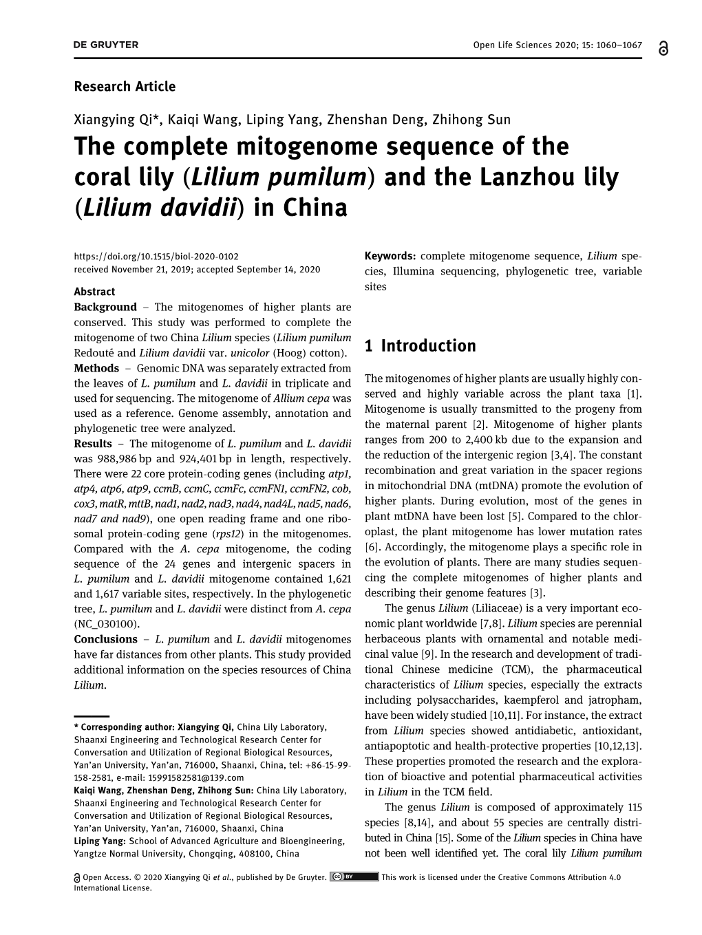 The Complete Mitogenome Sequence of the Coral Lily (Lilium Pumilum) and the Lanzhou Lily (Lilium Davidii) in China