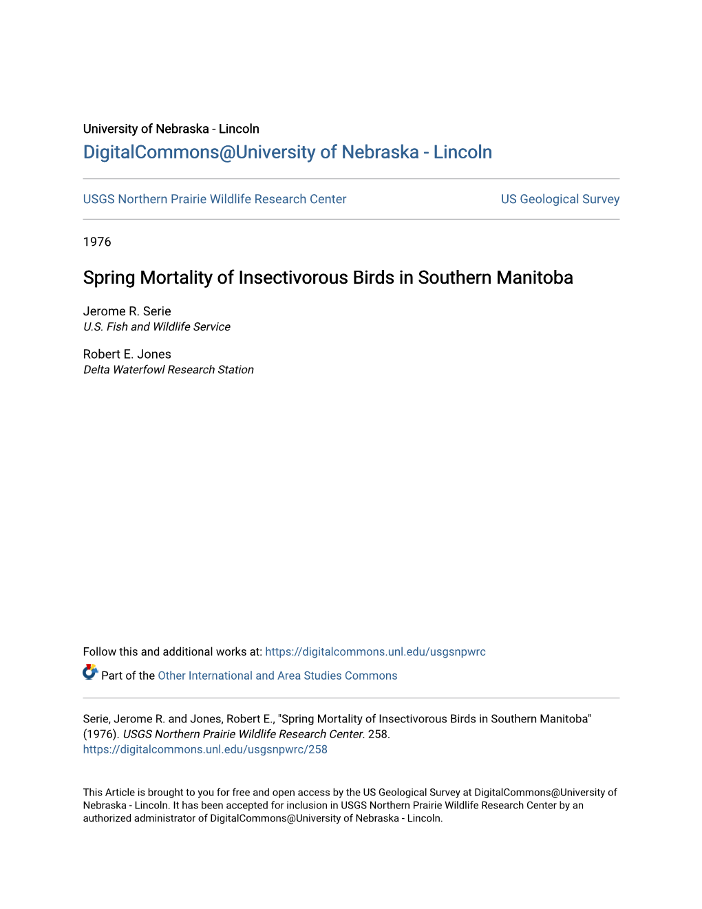 Spring Mortality of Insectivorous Birds in Southern Manitoba