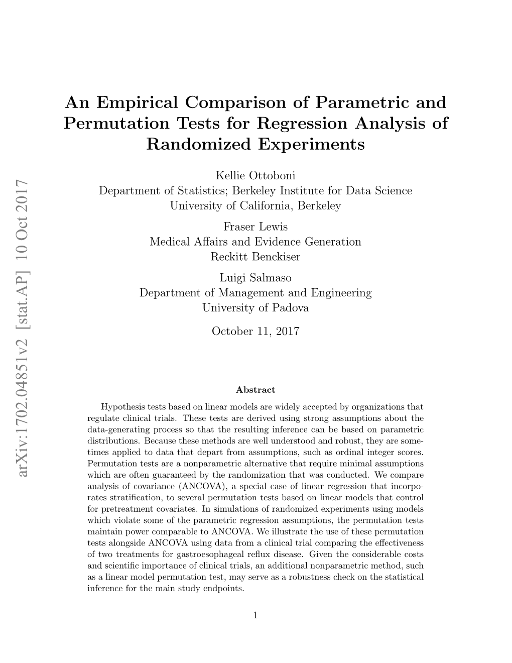 An Empirical Comparison of Parametric and Permutation Tests for Regression Analysis of Randomized Experiments