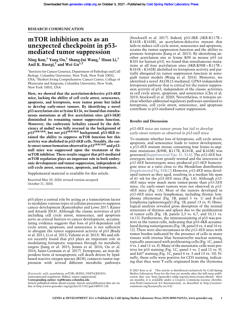 Mtor Inhibition Acts As an Unexpected Checkpoint in P53-Mediated Tumor Suppression