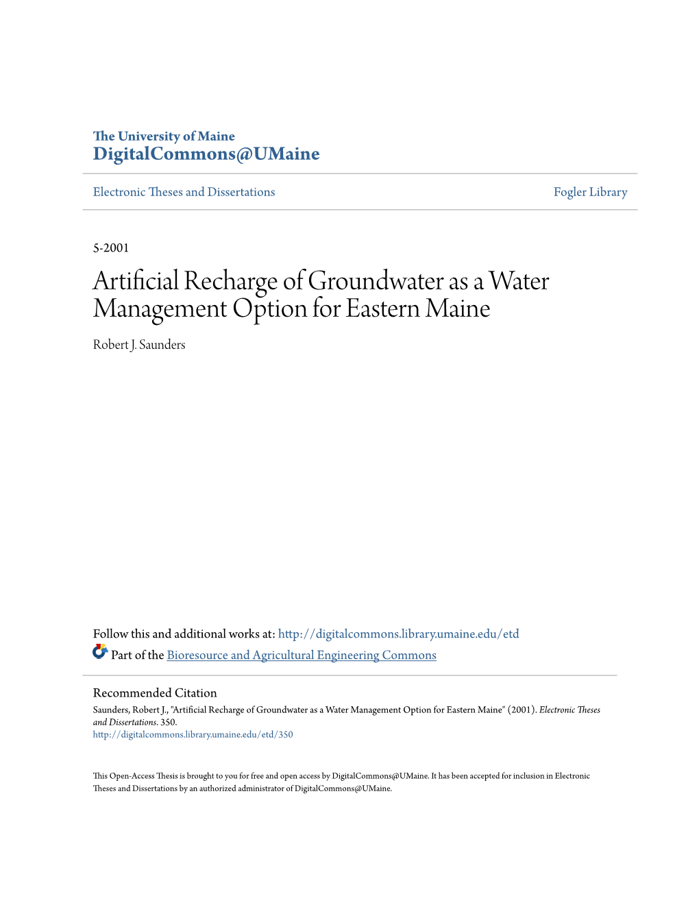 Artificial Recharge of Groundwater As a Water Management Option for Eastern Maine Robert J