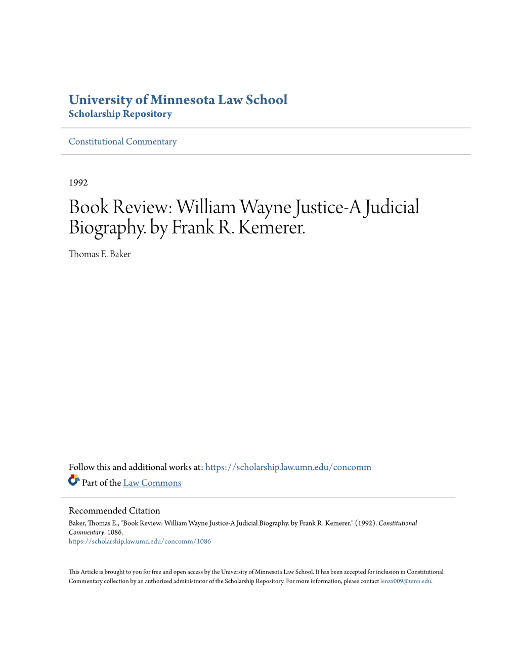 William Wayne Justice-A Judicial Biography. by Frank R. Kemerer. Thomas E