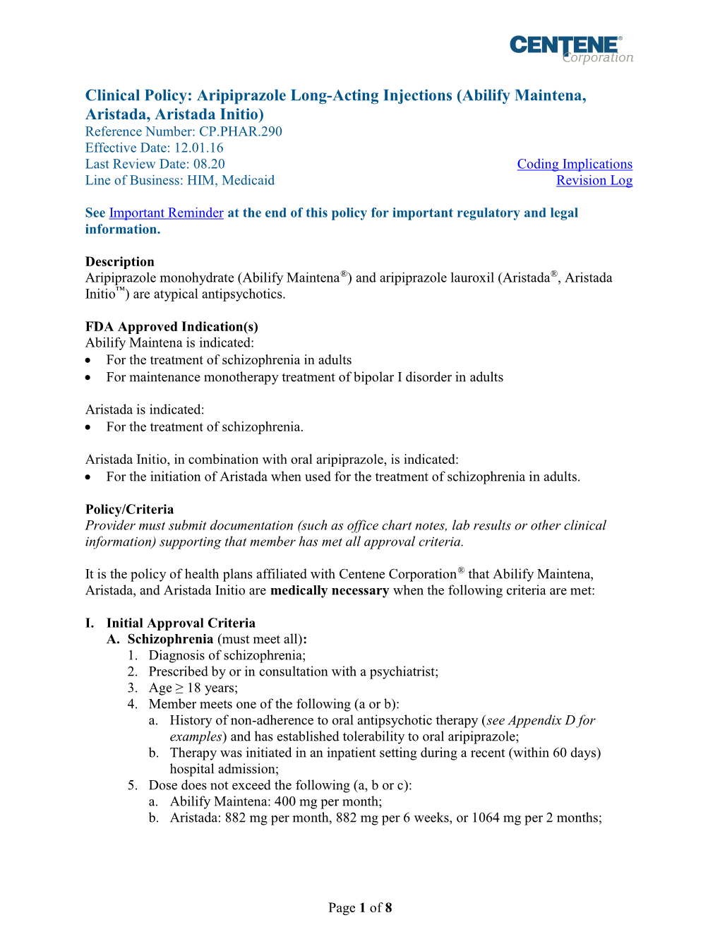 Clinical Policy: Aripiprazole Long-Acting Injections (Abilify