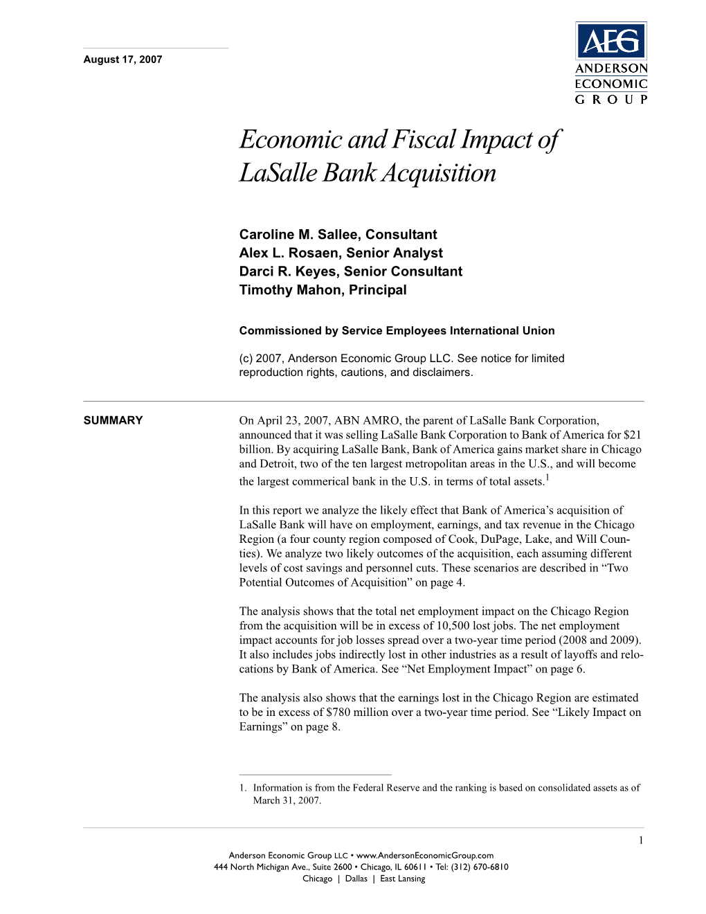 Economic and Fiscal Impact of Lasalle Bank Acquisition