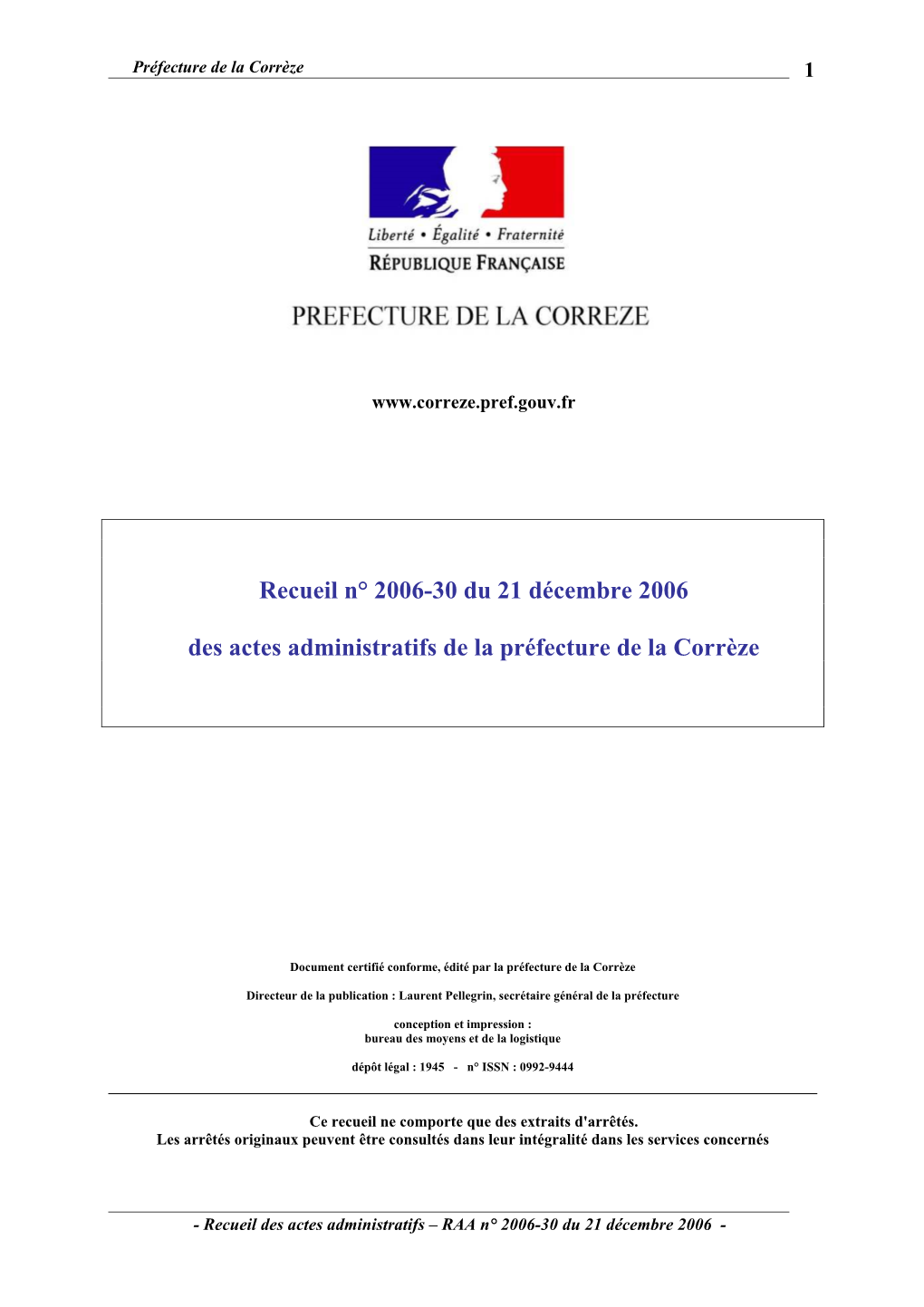 Recueil N° 2006-30 Du 21 Décembre 2006 Des Actes Administratifs De La