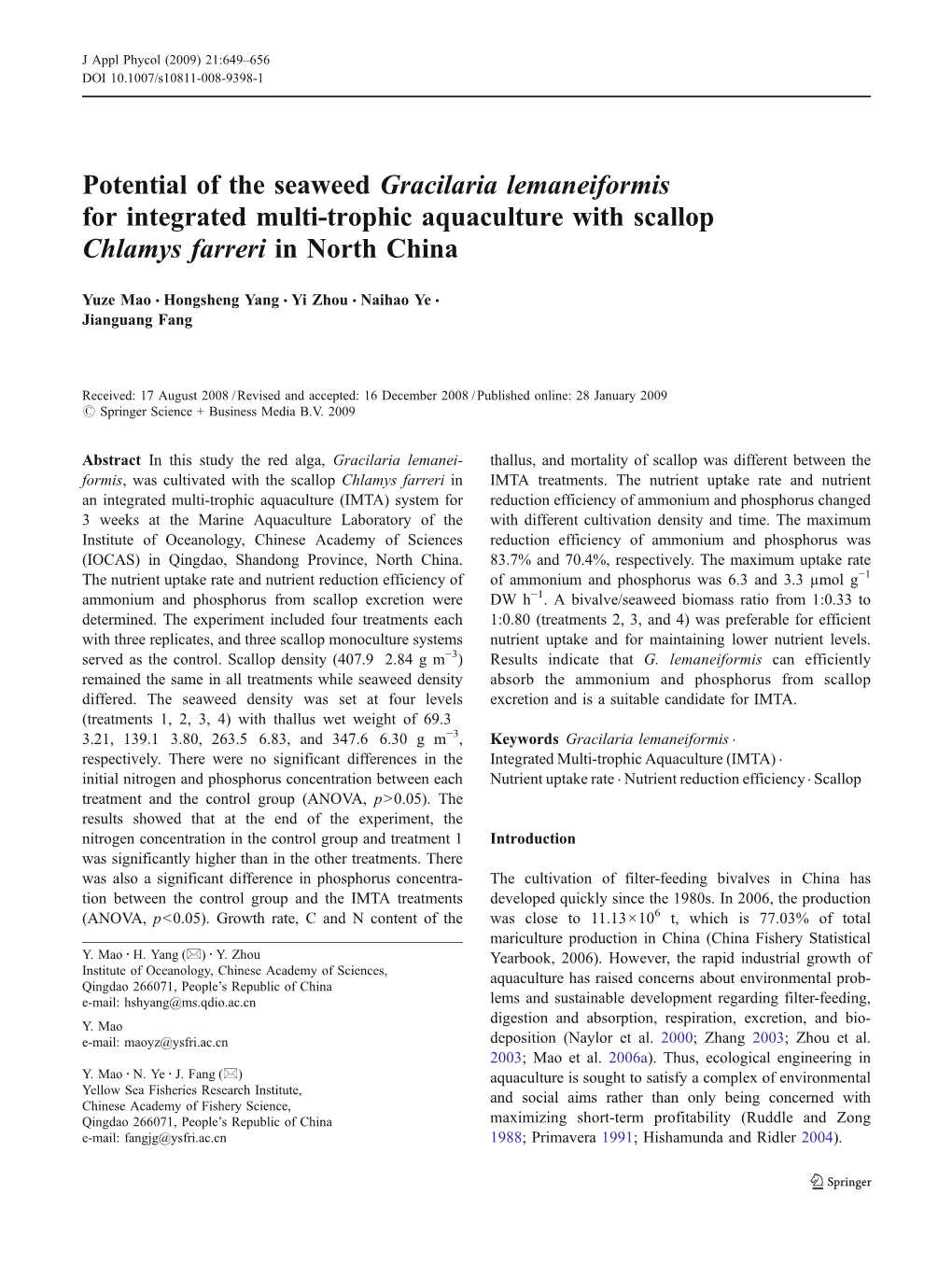 Potential of the Seaweed Gracilaria Lemaneiformis for Integrated Multi-Trophic Aquaculture with Scallop Chlamys Farreri in North China