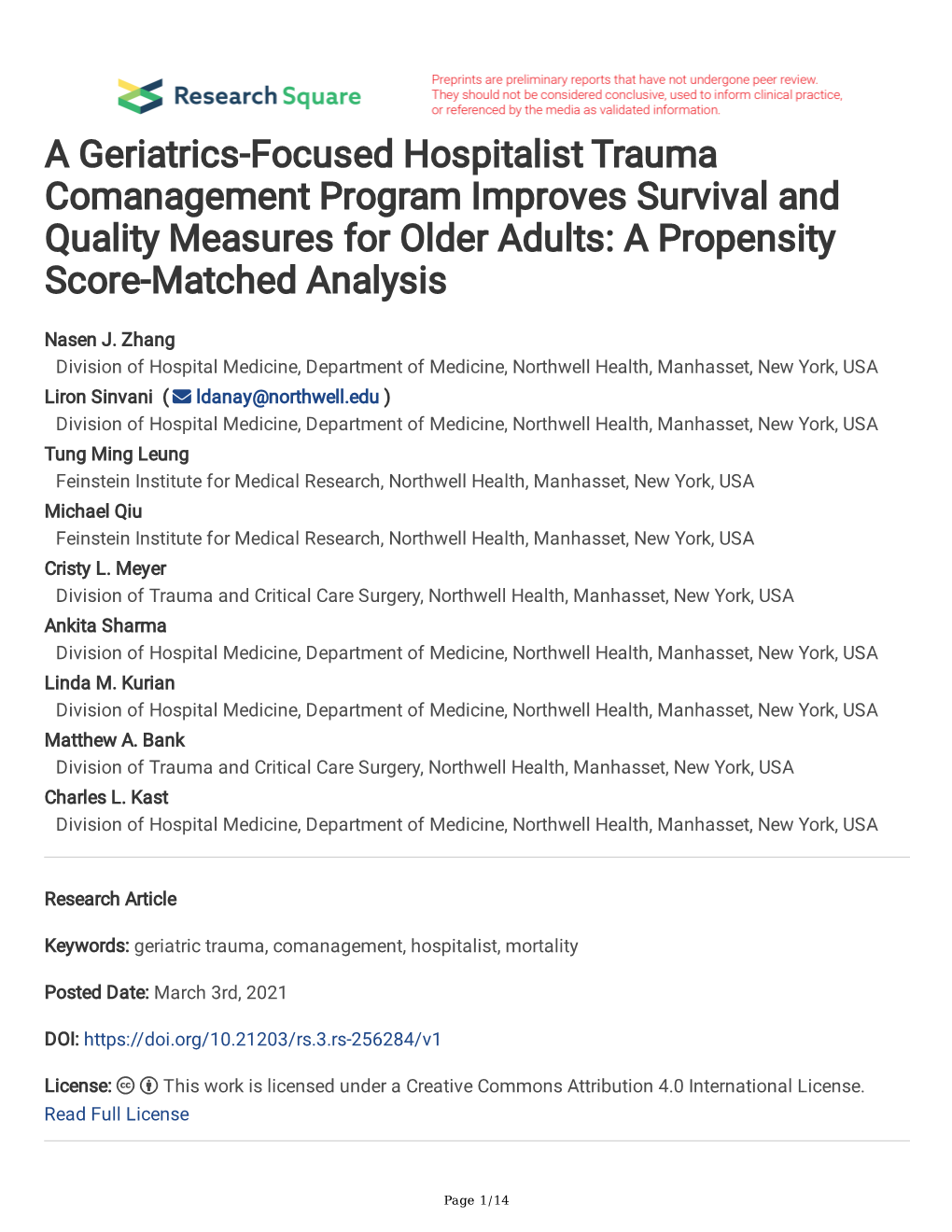 A Geriatrics-Focused Hospitalist Trauma Comanagement Program Improves Survival and Quality Measures for Older Adults: a Propensity Score-Matched Analysis