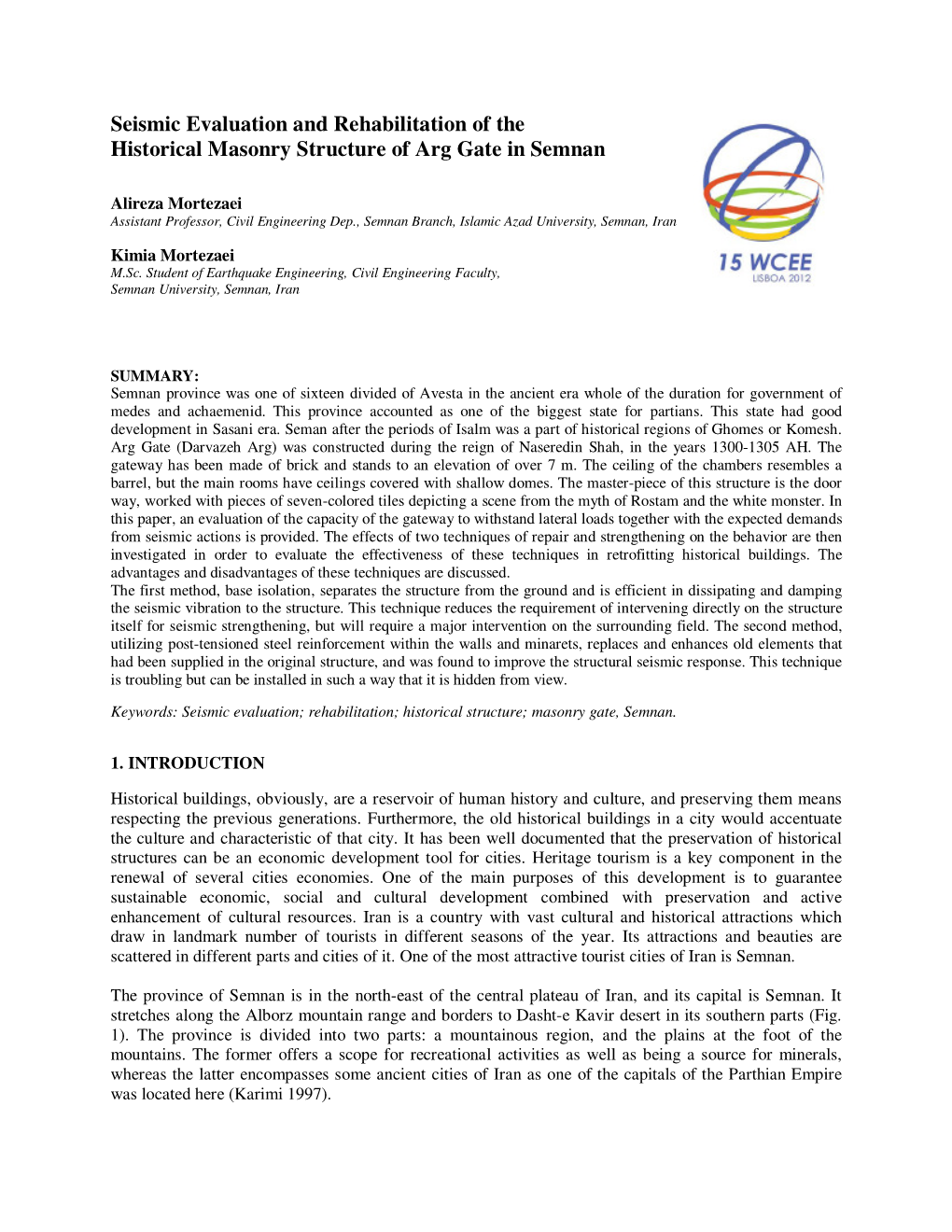 Seismic Evaluation and Rehabilitation of the Historical Masonry Structure of Arg Gate in Semnan