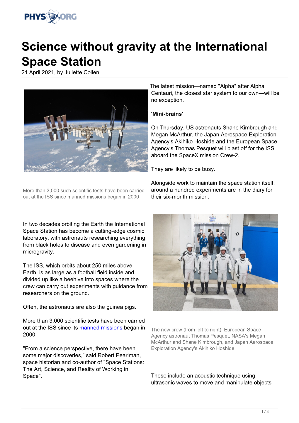 Science Without Gravity at the International Space Station 21 April 2021, by Juliette Collen