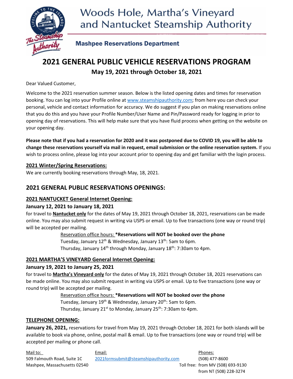 2021 GENERAL PUBLIC VEHICLE RESERVATIONS PROGRAM May 19, 2021 Through October 18, 2021 Dear Valued Customer, Welcome to the 2021 Reservation Summer Season