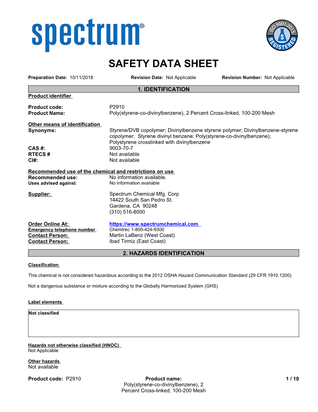 SDS Contains All of the Information Required by the HPR